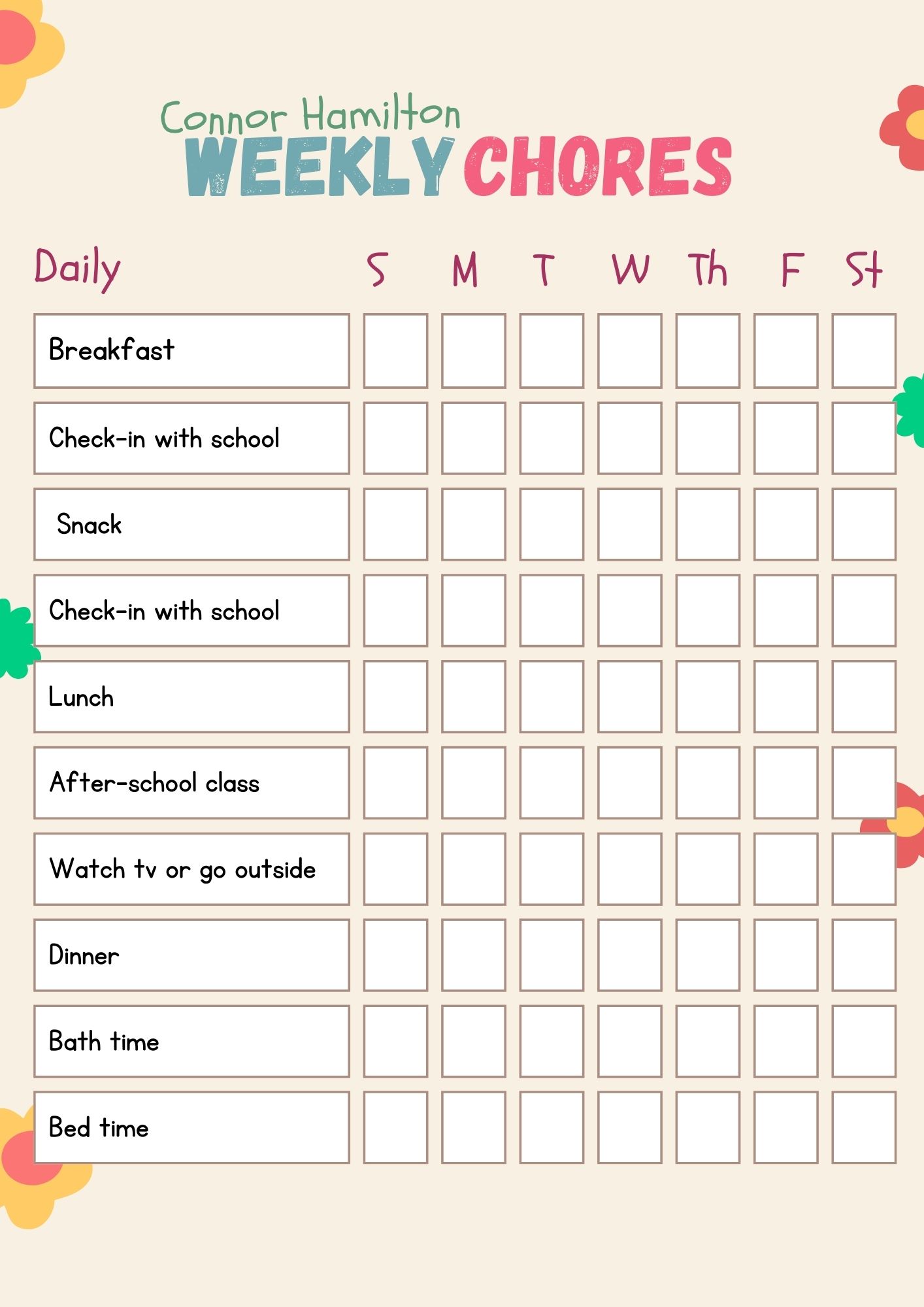 Chore Chart Weekly Planner